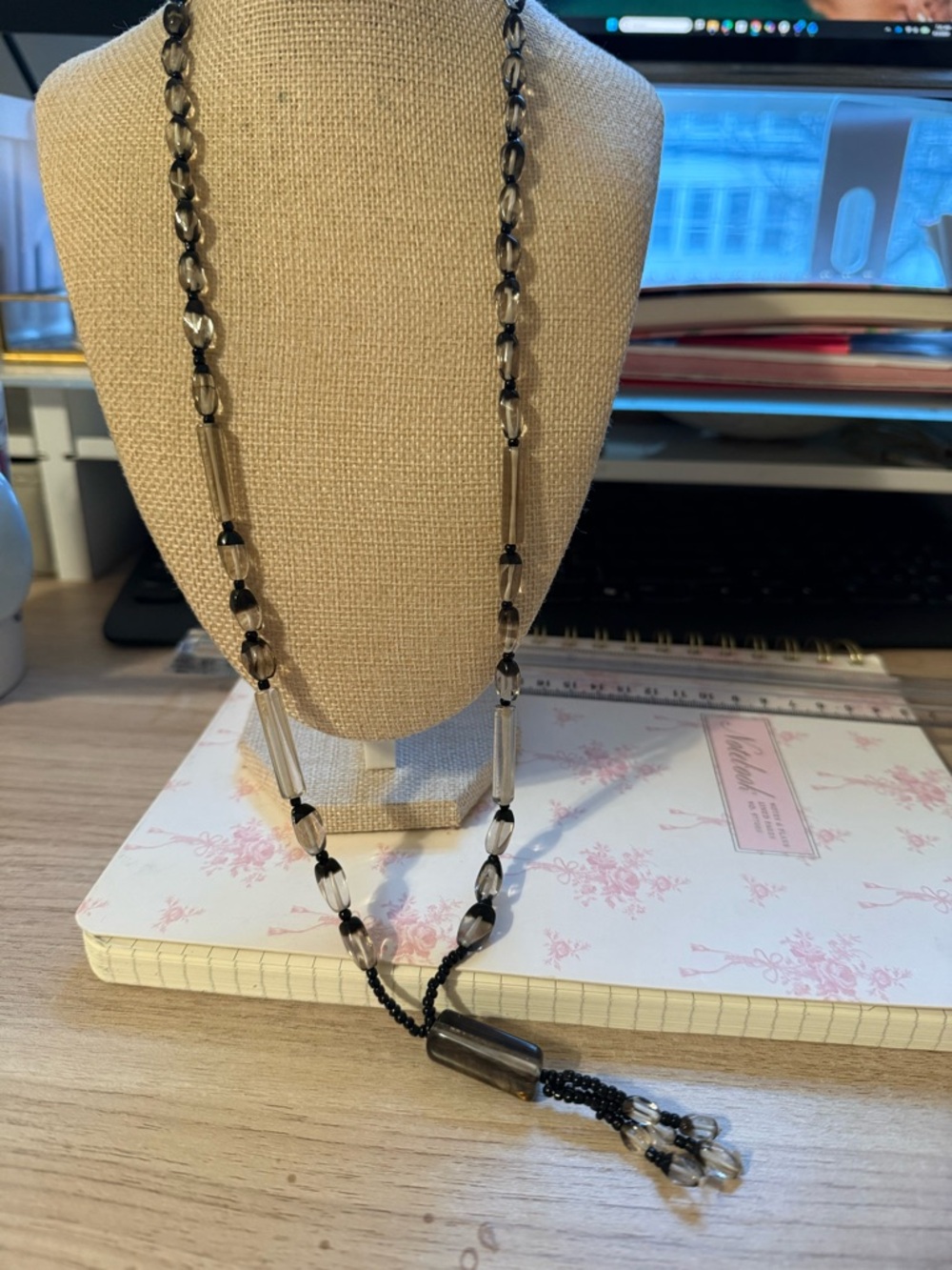 Black and Smoke Beaded Tassel Glass Necklace - Women Accessories